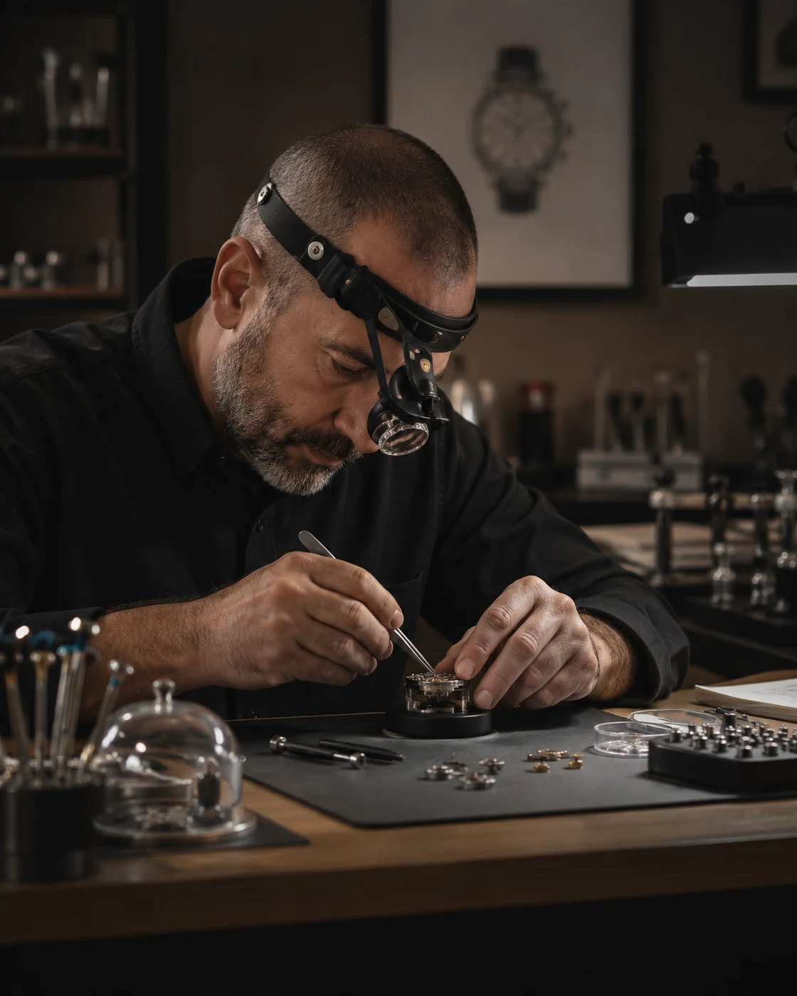 Watchmaker repairing a mechanical watch movement at a precision workbench